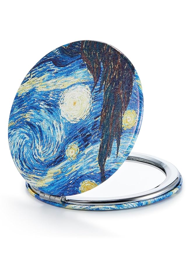 OMIRO 1X/10X Compact Magnifying Mirror for Travel, 2.8 in | Small Mirror for Purse, Pocket Mirror for Women, Dual-Sided Flip, PU Leather, Round (Starry Night)