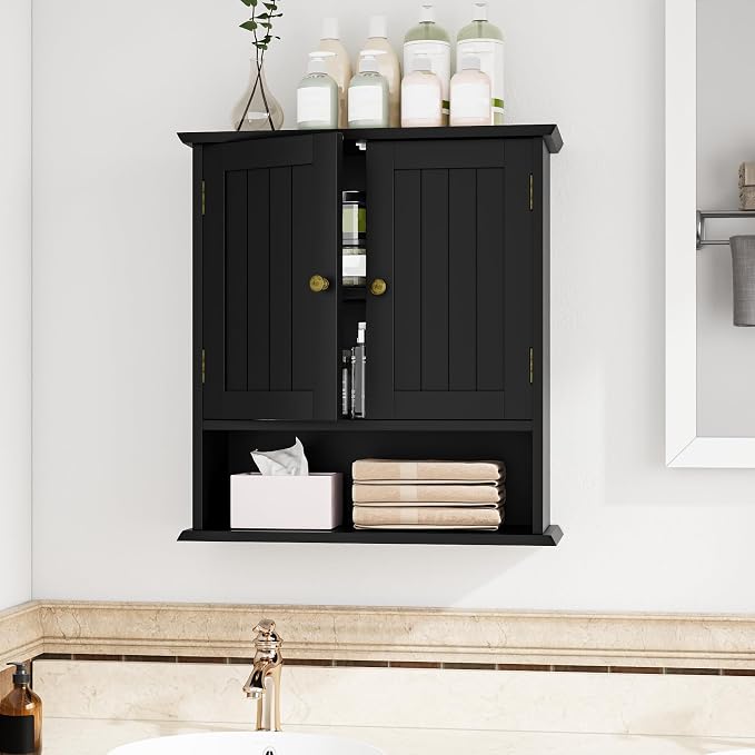 Bathroom Wall Cabinet, Bathroom Cabinet Wall Mount with 2 Doors and Open Shelf, Over The Toilet Wall Storage, Wooden Medicine Cabinets