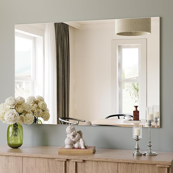 Brightify Frameless Mirror, 48x30 Inch Bathroom Mirrors for Over Sink, Tempered Glass for Gym, Yoga, Living Room, Dining Room, Bedroom, Entryway