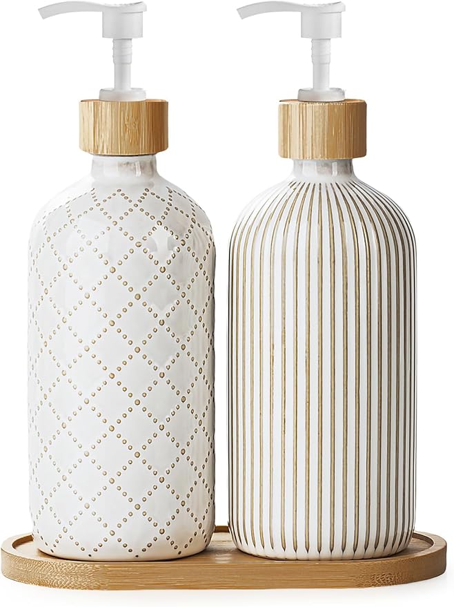 Getstar Hand and Dish Soap Dispenser Set, Ceramic Soap Dispenser for Bathroom and Kitchen with Rust Proof Pump and Bamboo Tray, Set of 2