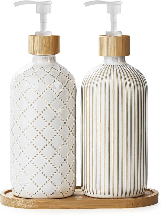 Getstar Hand and Dish Soap Dispenser Set, Ceramic Soap Dispenser for Bathroom and Kitchen with Rust Proof Pump and Bamboo Tray, Set of 2