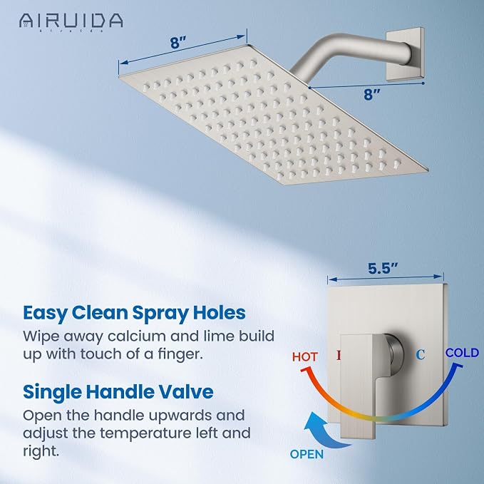 Airuida Shower Faucet Set,8 Inch Shower Valve Kit,Brushed Nickel | Male Threads,Rough-in Valve Shower Trim Kit,Single Handle Control Shower Set