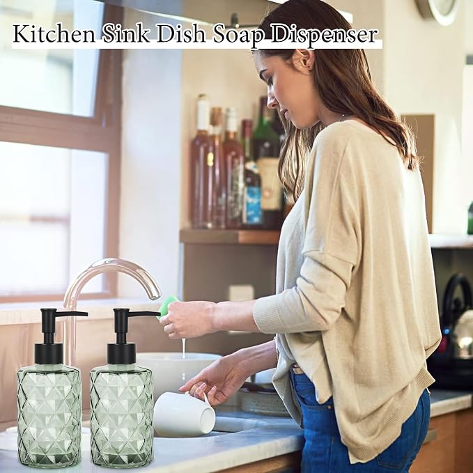 Green Glass Soap Dispenser, 11 Oz/330ml Liquid Hand Lotion Dispenser Set for Kitchen Sink and Bathroom, Dish Soap Dispenser Set, Lotion Glass Lotion Bottles with Black Pump (Army Green)