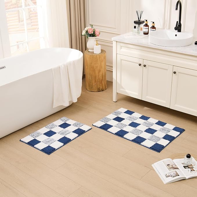 CozeCube Navy Blue Checkered Bath Mat 32"x20" Non Slip Washable Rug | For Bathroom Non Slip, Fluffy Absorbent Microfiber Bath Mats Machine Wash, Stylish Cute Aesthetic Bathroom Rugs