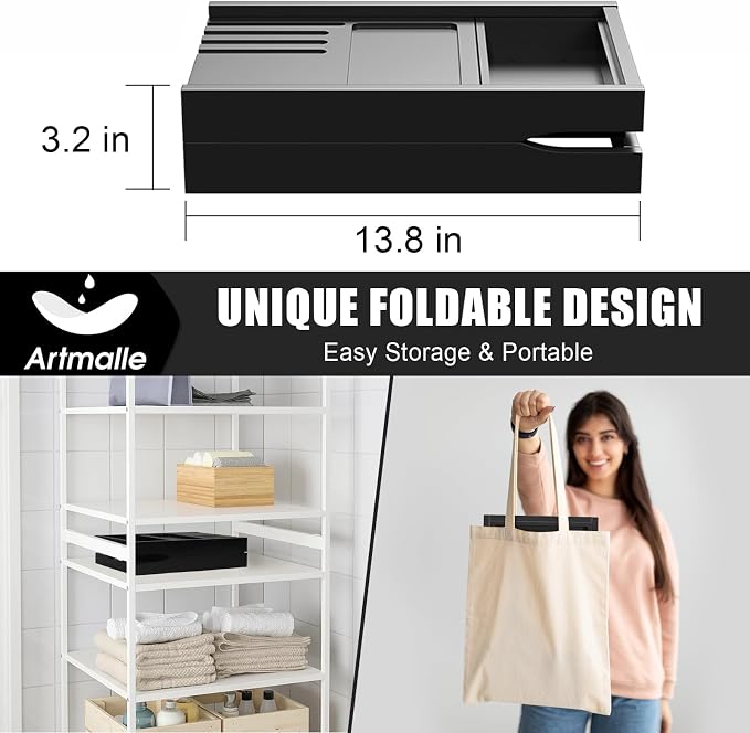 Artmalle Foldable Bamboo Bathtub Caddy Tray for Tub, Black | FSC 100% Bathtub Tray Table with Book Holder for Home Spa Relax, Bathroom Accessories for Women Men with Free Soap Dish