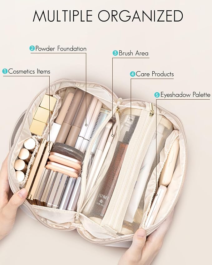 VLANDO Personalized Makeup Bag,Gifts for Women, Letter R,Off White | PU Leather Personalized Toiletry Bag,Open Flat Cosmetic Skincare Organizer,Gifts for Women,Bridesmaid,Teen