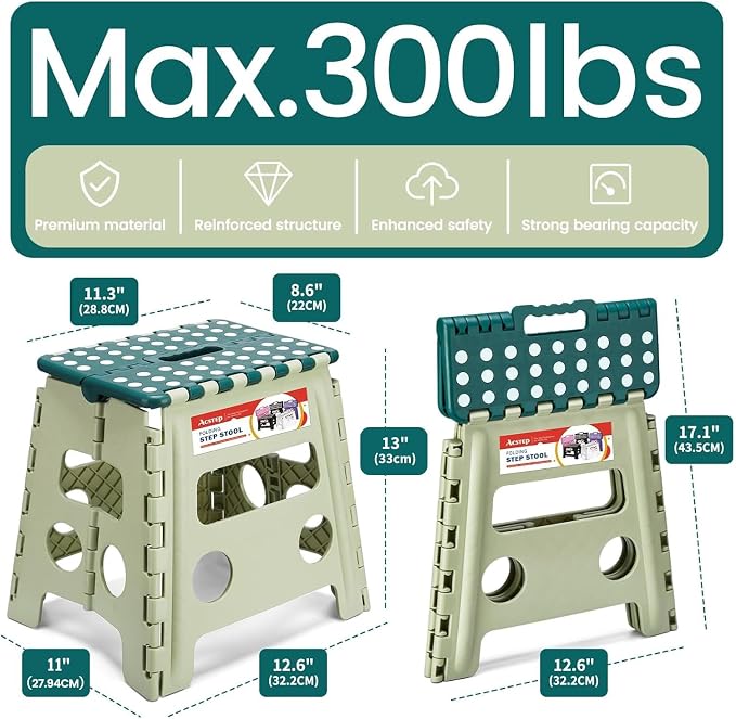 Foldable Step Stool for Adults 13 Inch, 300 lbs, Green | Lightweight Stepping Stool with Handle and Non-Slip Surface, for Reaching Kitchen Cabinets, Bathroom Shelves and Closets