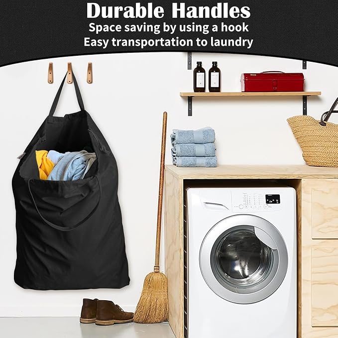 Heavy Duty Canvas Laundry Bag with Handles & Drawstring 30"Wx35"H, L+ Black | Thick Canvas Storage Bag, Large Washable Dirty Clothes Travel Sack for Camp, College Dorm, Laundromat, 1 Pack