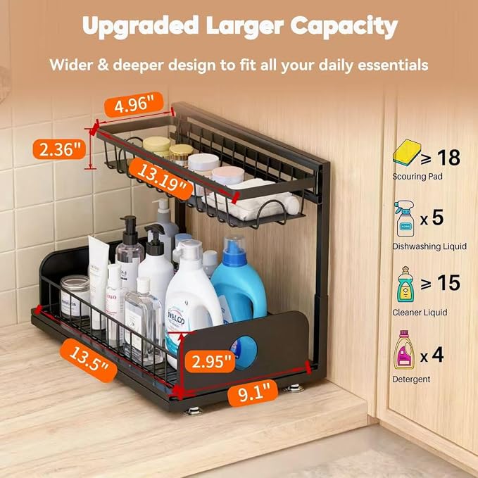 Under Sink Organizer, 1 Pack Under Kitchen Cabinet Organizer, Height Adjustable Pull Out Mute Slide-Out 2 Tier Metal Under Sink Storage for Bathroom, Pantry, Kitchen & Bedroom (Black, 1 Pack)