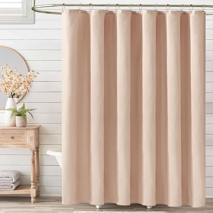 Long Linen Textured Waterproof Thick Shower Curtain Set, 72x84, Blush | Tall Size, 230GSM Polyester, Heavy Duty Cloth, Weighted Hem, 12 Plastic Hooks, Modern Luxury Hotel Style, Machine Washable