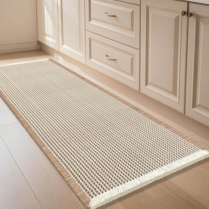 Waffle Bath Mat Brown & Cream 4'x2', Boho Woven Modern Bath Mat Rugs, Absorbent Non Slip Bathroom Rugs, Soft Washable Bath Rugs with Tassels for Bathroom, Bedroom, Kitchen, Shower, Tub