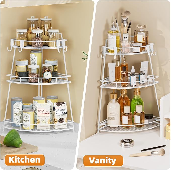 VITVITI 3 Tier Bathroom Counter Organizer Corner Vanity Shelf Storage White | Metal Mesh Bathroom Countertop Organizer, Bath Room Sink Makeup Organizers for Skincare Perfume Lipstick, with Hooks