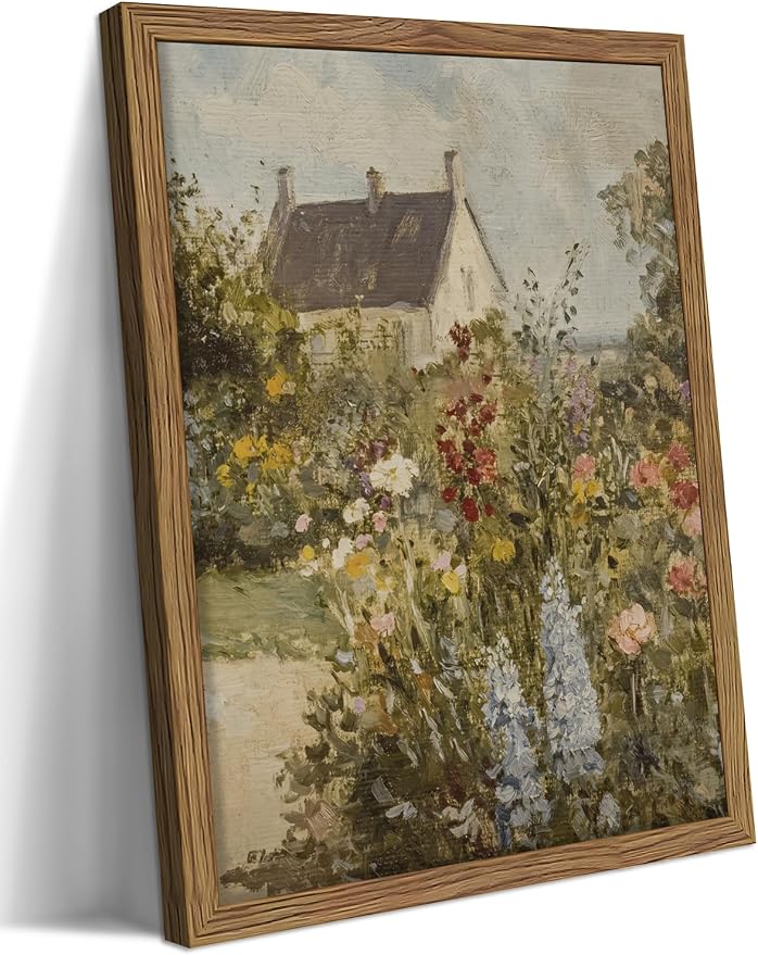 Vintage French Country Cottage Framed Canvas Wall Art – Impressionist Flower Garden Oil Painting Print, Rustic Floral Landscape Decor for Living Room Bedroom Nursery Office 8x10 inch