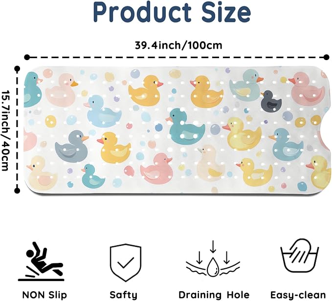 LNOND Bath Mat for Tub for Kids, Toddler Bathtub mat Non Slip, Colourful Cartoon Duck Kids Bath Mats for Bathroom Non Slip with Drain Holes and Suction Cups,Machine Washable (40 X 16 Inch)