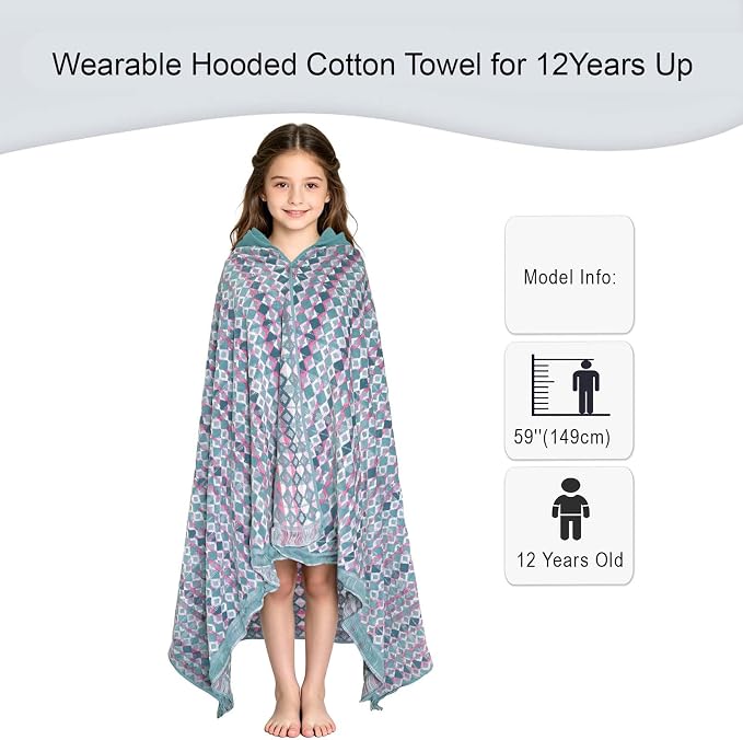 VOOVA & MOVAS Big Kids Hooded Bath Wrap, 8+, 100% Cotton,Pink White Lattice | Diamond Lattice Pattern, Soft, Absorbent & Fast Drying, Perfect for Bath and Outdoor Water Play