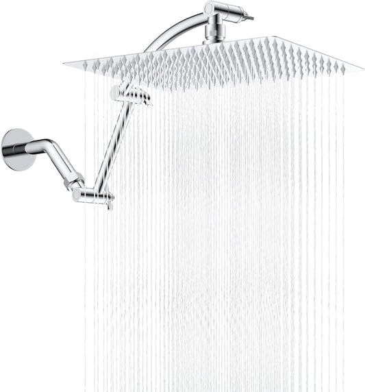 Hibbent All Metal 12'' Rain Shower Head with 16'' Extension Arm, Chrome | cUPC Certified High Pressure Rainfall Showerhead with Solid Brass Adjustable Shower Head Extension Arm, Fixed Showerheads