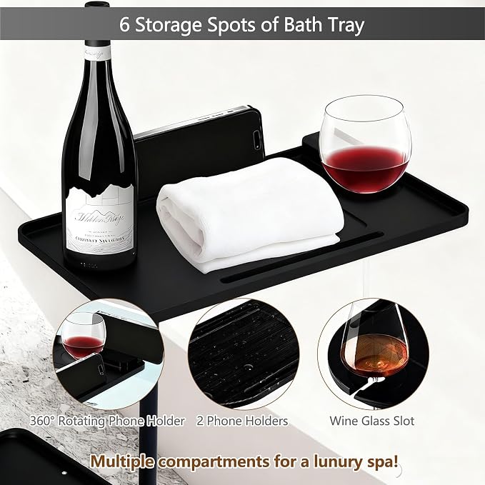 3 Layer Bathtub Tray Table,Bamboo Swivel Bathtub Side Table Height Adjustable,Freestanding Bathtub Tray for Tub Against Wall,Bathtub Accessories&Bathroom Organizer for Luxury Home Spa (Black1)