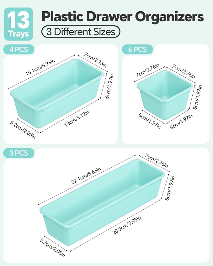 Canfanni 13 Pack Plastic Drawer Organizers Set, 3 Sizes Desk Drawer Organizer Trays for Vanity and Makeup Organizer, Organization and Storage for Makeup, Kitchen Utensils, Bathroom and Office(Blue)