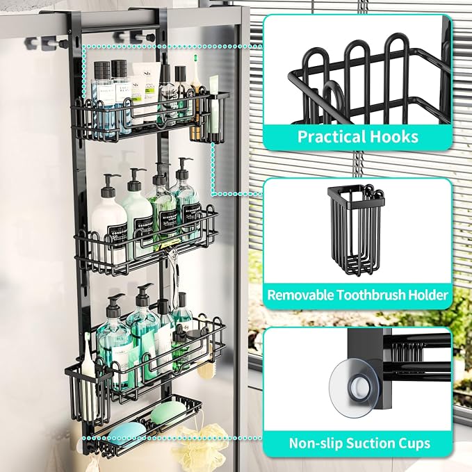 HapiRm Over the Door Shower Caddy - 4-Tier Hanging Shower Organizer with 22 Hooks and 2 Toothbrush Holders, No Drilling Adjustable Hanging Shelves for Bathroom - Black