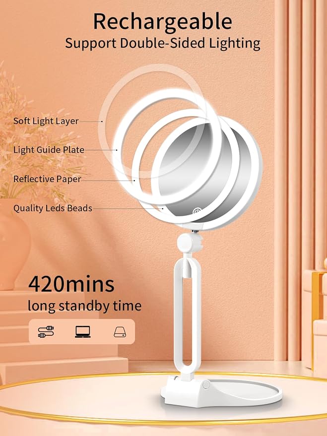 10X/1X Makeup Magnifying Mirror with Lights, 6inch Double-Sided LED Mirror | 360° Rotation Folding Bracket, 3 Color Dimmable Lights, Rechargeable 1500mAh Battery, Desktop 1X/10X Travel Magnifying Mirror