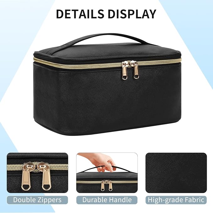 Makeup Bag, Portable Cosmetic Bag Black Make up Case Toiletry Bag | Large Capacity Travel Makeup Case Organizer for Women Toiletry Bag for Girls Traveling With Handle and Divider