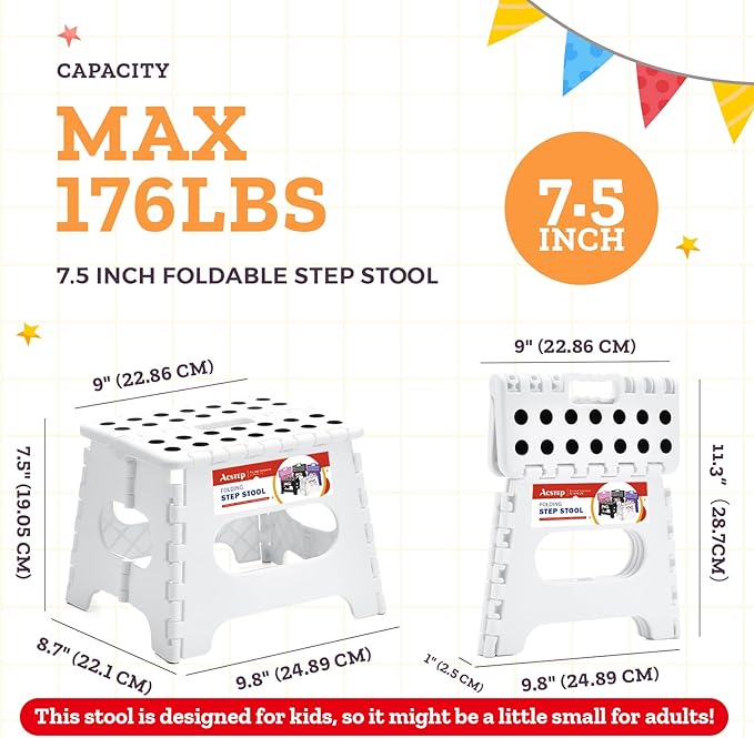 Collapsible Step Stool 7.5 Inch, Small Folding Stool, 176 lbs, White | Lightweight Foldable Step Stool for Kids and Adults with Handle, for Kitchen, Bathroom, Car, and Compact Home Storage