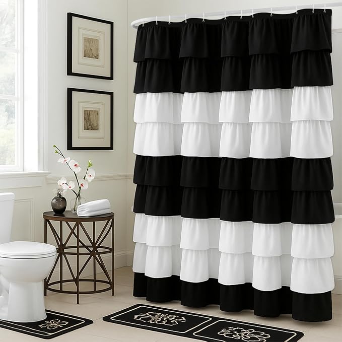 Seasonwood Ruffle Shower Curtain Black and White Shower Curtain, 72" x 72" | Cascading full-length fabric tiers, soft dimensional texture, vintage shabby chic styling for decorative bathroom updates