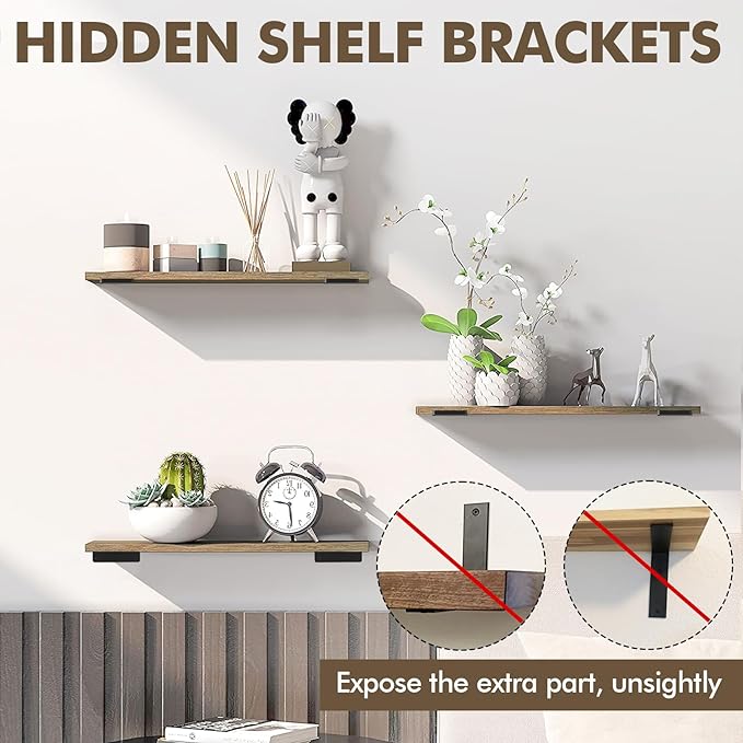 6 Pack Heavy Duty Metal Shelf Brackets 12 inch Long,Black | L-Shaped Wall Shelf Bracket Hidden & Decorative Shelf Bracket,1/5”-Thick,150 lbs of weight capacity