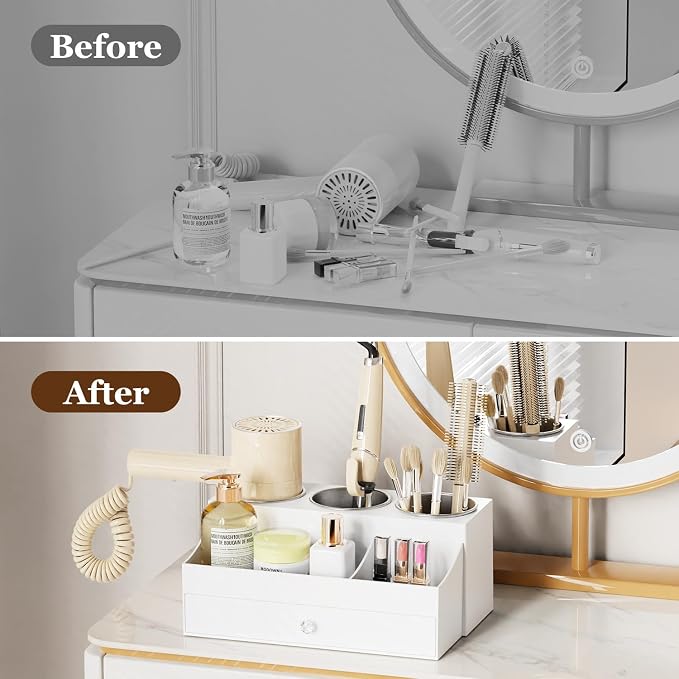 GFWARE Hot Hair Styling Tool Organizer with Drawer & 3 Cooling Cups, White | Bathroom Vanity Storage, Hair Styling Accessorier Hair Dryer, Blow Dryer, Curling Iron, Flat Iron, Hair Straightener
