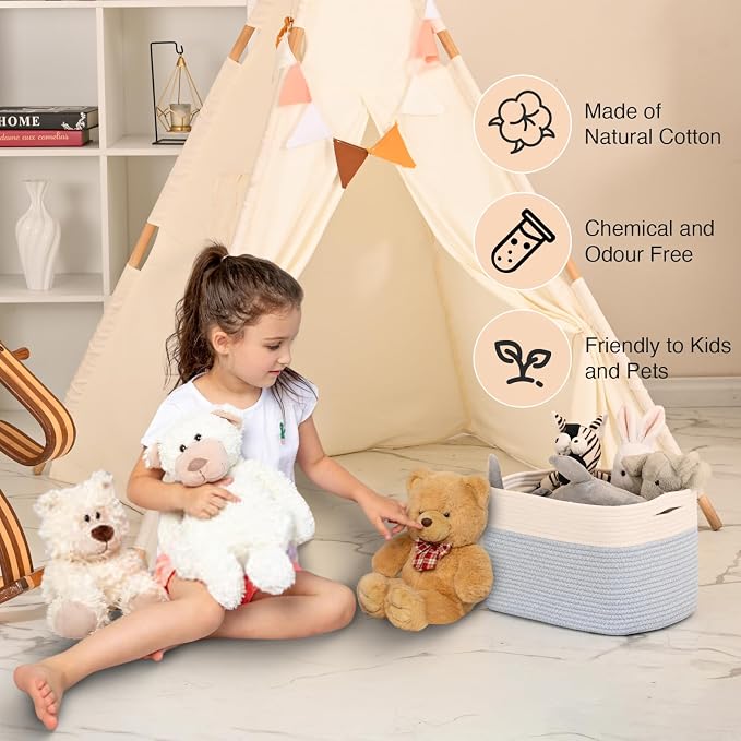 ICERZCZ Woven Cotton Rope Storage Basket for Organizing, Cute Decorative Baskets for Gifts Empty, Organizer Bins for Dog Toy, Baby Laundry, 15“×11”×9.5“, Off White & Blue