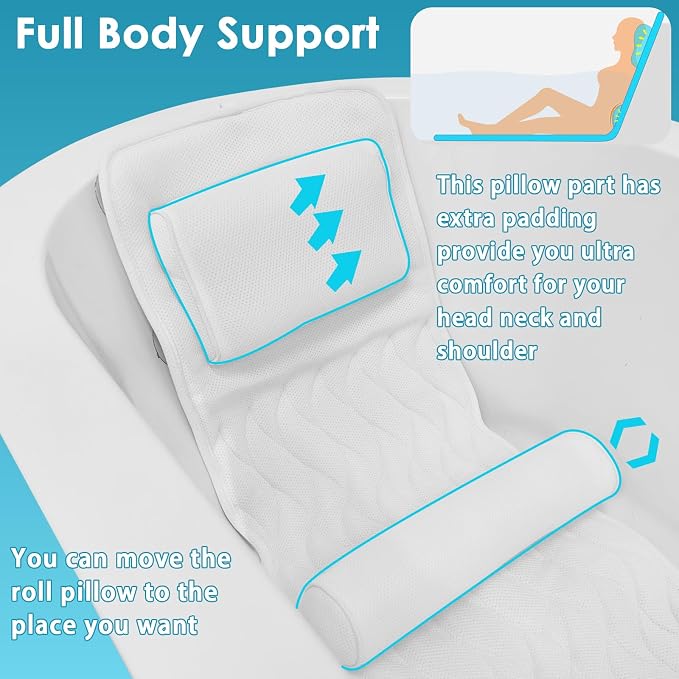 AEROiVi Full Body Bath Pillow with Lumbar Pillow Bathtub Cushion with 14 Suction Cups 3D Air Mesh Fit Any Tub Luxury Bathroom Accessories | Relaxing Soft Bathtub Cushion with laundry bag 3D Air Mesh Fit Any Tub Bathroom Accessories Washable Quick-Dry
