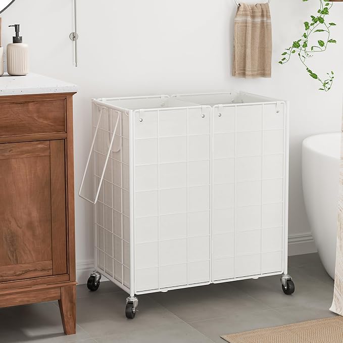 WOWLIVE Double Laundry Hamper with Wheels, Metal Rolling Laundry Basket | Wire Frame Hamper with 2 Removable Bags, 120L Dirty Clothes Hamper Organizer Dorm Room Storage for Bedroom, White