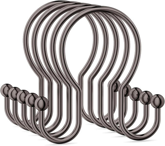 OEH Shower Curtain Hooks, 12 Pcs Minimalist Shower Curtain Rings, Metal Shower Curtain Hangers, Double Hook Shower Curtain Hooks Rust Proof, Glide Smoothly Shower Hooks for Shower Curtain Rod, Bronze