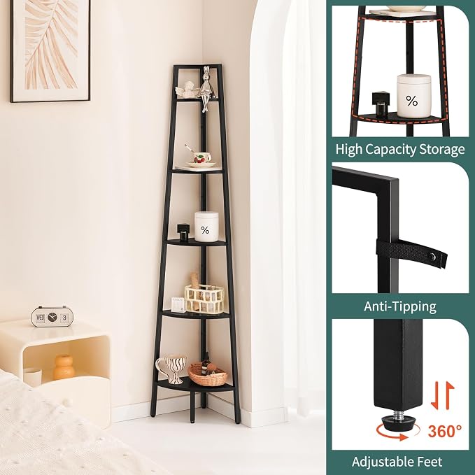 Yoobure 5-Tier Corner Shelf Stand- 67.5" Tall Corner Bookshelf with Metal Frame, Industrial Ladder Corner Shelves Display Shelf for Bedroom Living Room, Corner Bookcase Corner Plant Stand for Balcony
