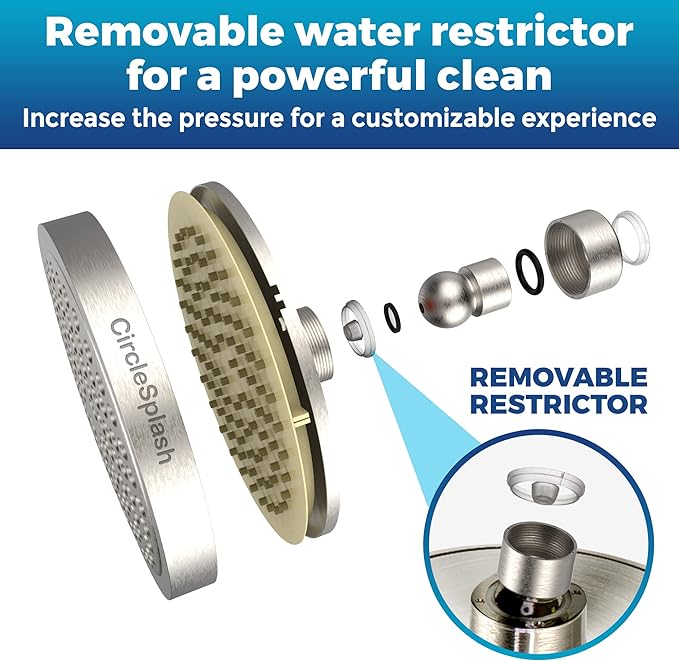 Shower Head - High Pressure 2.5 GPM - Brushed Nickel | Anti-clog silicone nozzles, removable restrictor, easy-clean fixed replacement