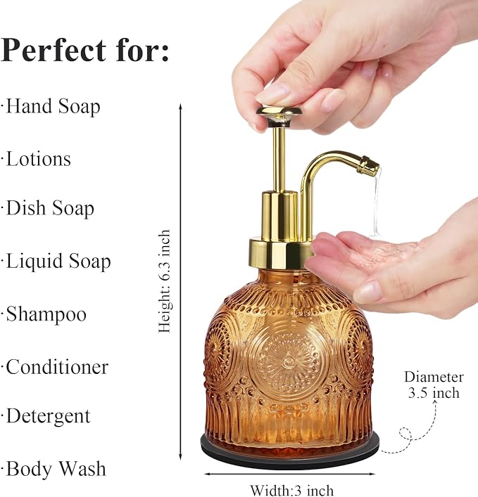 Amolliar 8 Oz Glass Vintage Soap Dispenser Plastic Gold Pump,Brown,2pc | Antique Rustic Hand Soap Dispenser for Bathroom/Kitchen, Vintage/Farmhouse/Boho Style,Pump Dispenser, Refillable, Non-Slip