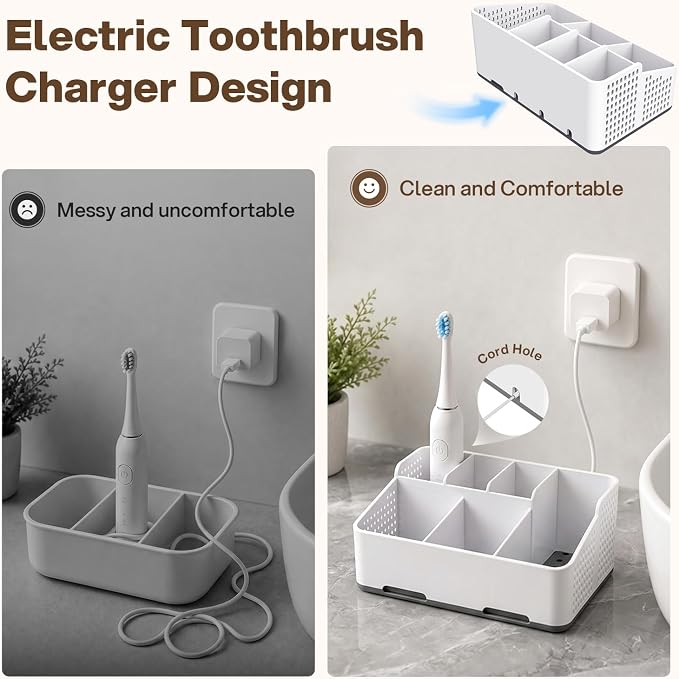 Cleangor Countertop Bathroom Organizer, Toothbrush Holder with Drainage | Vents, Cord Hole for Multi-grid Electric Toothbrush Charger, Family Bathroom Use