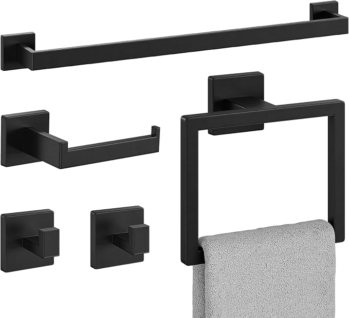 5-Pieces Matte Black Bathroom Accessories, 24 Inch Bathroom Hardware Set | SUS304 Stainless Steel Bath Towel Bar Set, Towel Racks for Bathroom Wall Mounted
