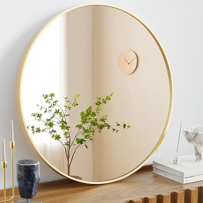 NEWBULIG 28 Inch Round Bathroom Mirror, Wall Mount Vanity Mirror | Circle Mirror for Over Sink, Matte Metal Frame, Entryway Decor, Bedroom Decor, Gold
