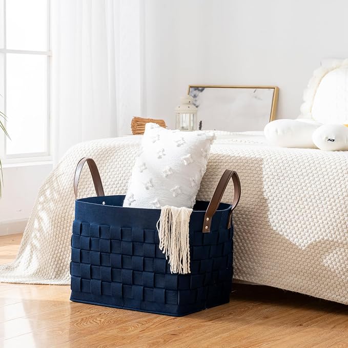 Blankets Basket 16.5 " x13 x13 , Extra Large Rectangular Laundry Hamper with Leather Handle, Soft Dog Toy Basket for Storage-Navy Blue