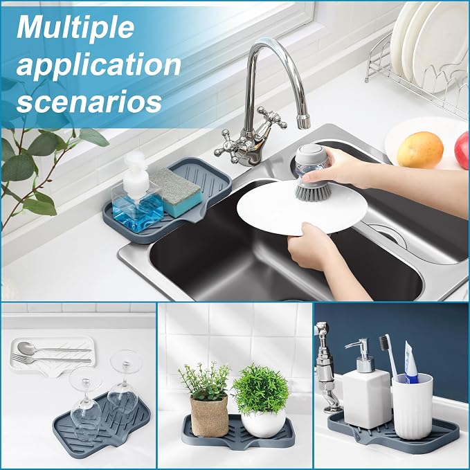 Silicone Kitchen Soap Tray, Sink Tray,Dark Grey, [Size: 9.5 x 5 inch] | Sponge Holder for Kitchen Counter Soap Bottles and Organizer with Drain Spout