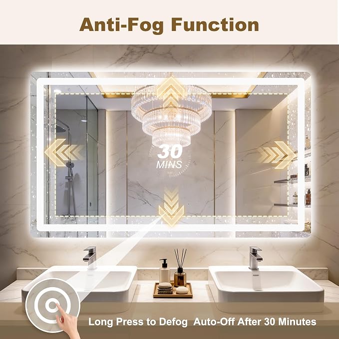 LED Bathroom Mirror with Lights, 30" x 50" Lighted Vanity Mirror | Frontlight+Backlit, 3 Colors Dimmable Brightness, Anti-Fog, Memory Function, Shatterproof Tempered Glass, Horizontal/Vertical