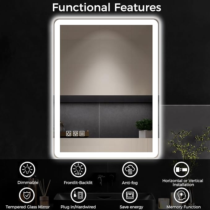 24"x32" LED Bathroom Vanity Mirror with Lights, Anti-Fog, Dimmable, Lighted Bathroom Mirror for Wall, Rounded-Corner, Memory Function, 5mm Shatter-Proof Tempered Glass, Backlit & Front Lit