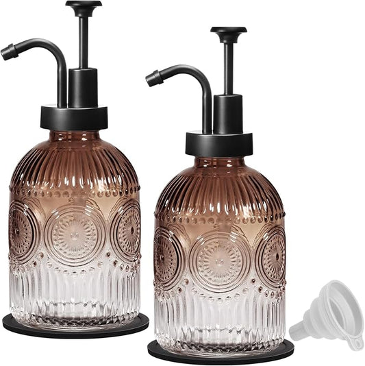 SheeChung 12oz Vintage Glass Soap Dispenser with Black Pump, Brown, 2 Pack | Refillable Dish and Hand Soap Dispenser for Bathroom Kitchen, Rustic Liquid Lotion Bottle,BPA-Free,Funnel,Mat,Farmhouse Decor