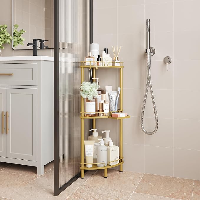 ELYKEN Corner Shower Caddy Standing, 3 Tier Metal Shower Organizer, Gold | Stainless Steel Shower Shelves with Soap Holder, Adjustable Feet & 2 Hooks for Storing Bath Essentials in Bathroom corner