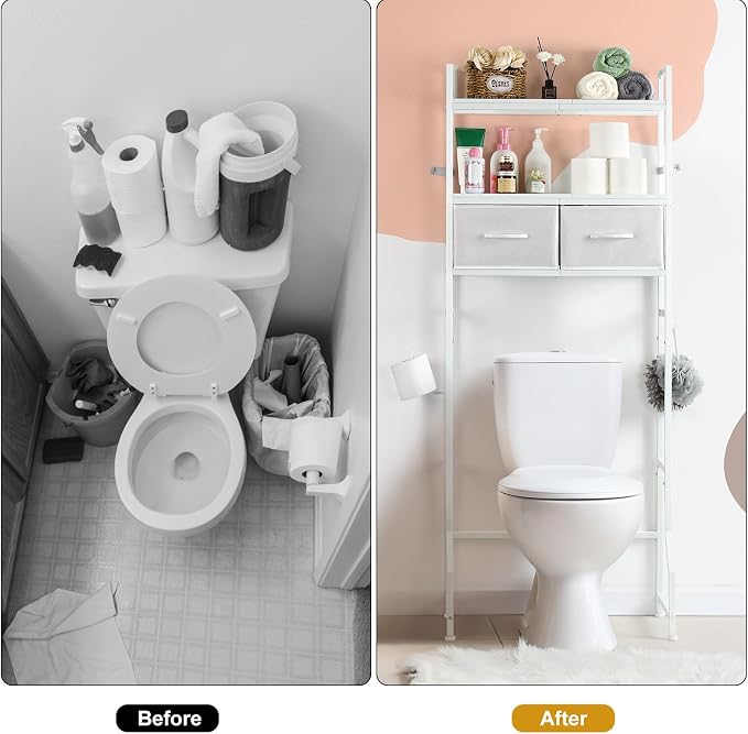 YBING Over The Toilet Storage Cabinet, Over Toilet Bathroom Organizer with Drawer, Roll Holder and Hooks, Bathroom Storage Cabinet, Wooden, White