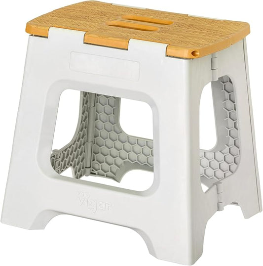Vigar Compact Folding Step Stool, 12-1/2 in, Gray Bamboo Print | 12-1/2 in Foldable Stool, Lightweight Portable Design, Handle, Non Slip Surface, Space-Saving, Supports up to 330 lb