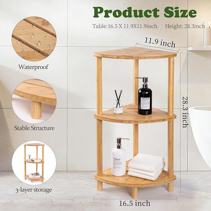 Corner Shower Caddy Stand, Bamboo Shower Organizer Standing with Anti-Slip Feet, Bathroom Corner Shelf,Waterproof & Durable, Space-Saving Design Storage for Kitchen or Living Room