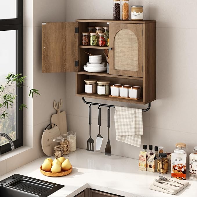 RUSTOWN Rattan Bathroom Wall Cabinet, Boho Medicine Cabinet with 2 Doors | Arched Doors, Farmhouse Over The Toilet Storage Cabinets, Adjustable Shelves, Towel Bar, 3-Tier Wall Mounted Cabinets