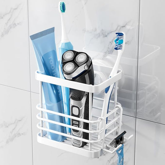 TAILI Patented Suction Cup Toothbrush Holders for Bathrooms, White | Stainless Steel Toothpaste Holder with Razor Hook, Strong Suction Up to 11lbs, Anti-Puddling, No Drill Removable & Reuseable